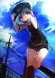 Rule 34 | 10s, 1girl, absurdres, blue eyes, blue hair, character request, female focus, hat, highres, kamindani, kantai collection, matching hair/eyes, outdoors, short shorts, shorts, smile, solo