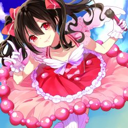 Rule 34 | 10s, 1girl, angel wings, black hair, bow, collar, dress, gloves, hair bow, hiroimu, looking at viewer, love live!, love live! school idol festival, love live! school idol project, m/, microphone, red dress, red eyes, smile, solo, striped clothes, striped thighhighs, thighhighs, twintails, white gloves, wings, yazawa nico