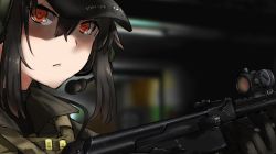 Rule 34 | 1girl, :&lt;, assault rifle, ayyh, baseball cap, black hair, blurry, blurry background, dark, escape from tarkov, gloves, gun, hat, headset, highres, load bearing vest, looking to the side, military, portrait, red eyes, rifle, serious, sidelocks, solo, weapon