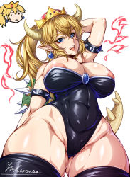 Rule 34 | 1girl, areola slip, arm behind back, arm behind head, arm up, armlet, armpits, artist name, bare shoulders, black legwear, black leotard, blonde hair, blue eyes, blue gemstone, bowsette, breasts, cleavage, commentary, covered navel, cowboy shot, crown, earrings, fangs, fire, from below, gem, gluteal fold, groin, hair between eyes, head tilt, high ponytail, highleg, highleg leotard, highres, hip focus, horns, jewelry, large areolae, large breasts, leotard, lizard tail, long hair, looking at viewer, looking down, mario (series), new super mario bros. u deluxe, nintendo, nipple slip, nipples, no sclera, o o, open mouth, parted bangs, parted lips, pointy ears, princess peach, puffy nipples, shiny clothes, shiny skin, sidelocks, signature, simple background, skin tight, smile, solo, spiked armlet, spiked shell, spiked tail, spikes, standing, strapless, strapless leotard, super crown, tail, thick eyebrows, thick thighs, thighs, triangle mouth, turtle shell, white background, yukimasa (nkk145)