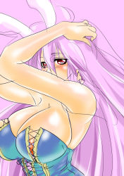 Rule 34 | 1girl, animal ears, areola slip, armpits, arms up, bare shoulders, breasts, cleavage, corset, curvy, danna (karatekikku), female focus, hands on own head, huge breasts, laces, long hair, no bra, purple hair, rabbit ears, red eyes, reisen udongein inaba, simple background, solo, standing, touhou, upper body, very long hair, wavy hair