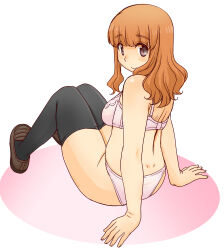 Rule 34 | 1girl, arm support, back, black thighhighs, blunt bangs, blush, bra, breasts, brown eyes, brown footwear, commentary, dimples of venus, girls und panzer, groin, legs, loafers, long hair, looking at viewer, looking back, medium breasts, orange hair, panties, pink bra, pink panties, shoes, sitting, smile, solo, takebe saori, thighhighs, thighs, underwear, uona telepin, wavy hair, white background