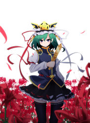 Rule 34 | 1girl, arm ribbon, belt, black thighhighs, blue eyes, blurry, depth of field, epaulettes, flower, frown, green hair, hat, hat ribbon, high collar, highres, long sleeves, looking at viewer, petals, pointy ears, ribbon, ribbon-trimmed legwear, ribbon trim, rihito (usazukin), rod of remorse, shiki eiki, short hair, skirt, solo, spider lily, thighhighs, touhou, tsurime, vest, white background, wind, zettai ryouiki