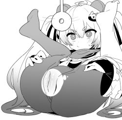 Rule 34 | 1girl, ahoge, animal ears, blue archive, bridal gauntlets, cleft of venus, closed mouth, covered anus, feet up, flamberge lo, folded, greyscale, hair between eyes, hair ornament, hypnosis, long hair, long sleeves, lying, michiru (blue archive), mind control, monochrome, on back, pendulum, pussy, scarf, simple background, solo, twintails, uncensored, white background, wide sleeves