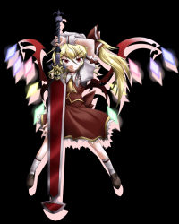 Rule 34 | 1girl, black background, blonde hair, female focus, flandre scarlet, full body, hat, laevatein, naginami, ponytail, red eyes, short hair, side ponytail, simple background, solo, sword, touhou, weapon, wings, wrist cuffs