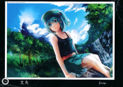 Rule 34 | 1girl, alternate costume, artist name, ayaya, bare shoulders, blue eyes, blue hair, blue sky, cloud, day, forest, frilled skirt, frills, hair bobbles, hair ornament, hat, highres, kawashiro nitori, matching hair/eyes, midriff, nature, navel, rock, scan, shirt, short hair, sitting, skirt, sky, sleeveless, smile, solo, tank top, touhou, tree, twintails, two side up, water, waterfall