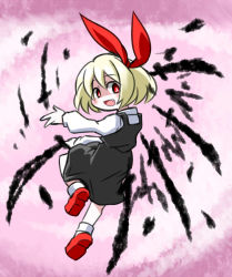 1girl :d blonde_hair blouse darkness fang hair_ribbon kugelschreiber looking_at_viewer looking_back open_mouth red_eyes ribbon rumia shirt short_hair skirt smile sword touhou vest weapon