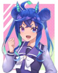 Rule 34 | 1girl, @ @, ahoge, alternate hairstyle, animal ears, aqua hair, blue eyes, blue hair, border, clenched hand, commentary request, crossed bangs, double bun, hair bun, hand up, hat, heterochromia, highres, horse ears, horse girl, long hair, long sleeves, looking at viewer, multicolored hair, open mouth, outside border, sharp teeth, sidelocks, solo, tail, teeth, twin turbo (umamusume), twintails, umamusume, upper body, upper teeth only, v-shaped eyebrows, white border, yu sakae