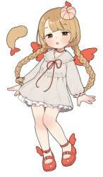 Rule 34 | 1girl, blush, braid, brown eyes, brown hair, choker, commentary, commentary request, dot nose, dress, ebi no tenshi, english commentary, food, frilled dress, frills, grey dress, hair ornament, highres, indie virtual youtuber, long hair, long sleeves, looking at viewer, mary janes, mixed-language commentary, open mouth, opossumachine, red choker, red footwear, red wings, shoes, short dress, shrimp, shrimp hair ornament, shrimp tempura, simple background, solo, standing, tempura, twin braids, virtual youtuber, white background, winged footwear, wings