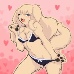 Rule 34 | blonde hair, blue eyes, blush, bow, bra, clothes pull, dog, furry, lace, lingerie, open mouth, panties, tail, underwear, wkar