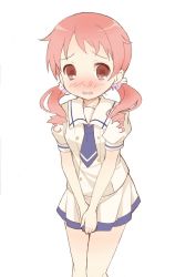 Rule 34 | 1girl, blue necktie, blush, collarbone, embarrassed, female focus, gochuumon wa usagi desu ka?, have to pee, jpeg artifacts, legs together, matching hair/eyes, miniskirt, natsu megumi, necktie, nose blush, open mouth, own hands together, pink eyes, pink hair, pleated skirt, ratryu, school uniform, scrunchie, shirt, short sleeves, simple background, skirt, solo, standing, twintails, v arms, white background, white shirt, white skirt