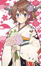Rule 34 | 1girl, absurdres, alternate costume, blue eyes, blush, brown hair, dokuganryuu, flipped hair, flower, hair flower, hair ornament, headgear, hiei (kancolle), highres, holding, holding flower, japanese clothes, kantai collection, kimono, looking at viewer, short hair, smile, solo, upper body