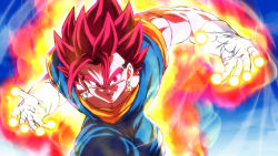Rule 34 | 1boy, aura, blue sky, dougi, dragon ball, dragon ball super, earrings, gloves, jewelry, looking at viewer, male focus, paid reward available, potara earrings, red eyes, red hair, rom (20), sky, smile, solo, spiked hair, super saiyan, super saiyan god, vegetto, white gloves