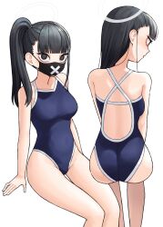 Rule 34 | 1girl, 28 (282teeth), absurdres, alternate hairstyle, ass, back cutout, bags under eyes, bare legs, black eyes, black hair, black mask, blue archive, blue one-piece swimsuit, blunt bangs, breasts, clothing cutout, collarbone, feet out of frame, groin, halo, highres, invisible chair, long hair, looking at viewer, mask, medium breasts, mouth mask, multiple views, one-piece swimsuit, side ponytail, simple background, sitting, straight hair, sukeban (smg) (blue archive), swimsuit, white background, x
