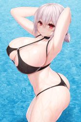 Rule 34 | 1girl, armpits, arms behind head, arms up, asamura hiori, ass, azur lane, bare shoulders, bikini, black bikini, blush, breasts, closed mouth, collarbone, hair between eyes, highres, huge breasts, looking at viewer, low twintails, o-ring, red eyes, revision, short hair, short twintails, sirius (azur lane), sirius (scorching-hot seirios) (azur lane), smile, solo, swimsuit, thighs, thong, thong bikini, twintails, water, water drop, white hair