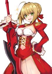 Rule 34 | &gt;:d, 10s, 1girl, :d, aestus estus, ahoge, blonde hair, braid, breasts, cleavage, cleavage cutout, clothing cutout, cowboy shot, dress, epaulettes, fate/extra, fate (series), french braid, green eyes, hair intakes, hair ribbon, hand on own hip, haruyuki (yukichasoba), head tilt, holding, holding sword, holding weapon, juliet sleeves, long sleeves, looking at viewer, medium breasts, nero claudius (fate), nero claudius (fate) (all), nero claudius (fate/extra), open mouth, puffy sleeves, red dress, red ribbon, ribbon, round teeth, short hair, simple background, smile, solo, sparkle, sword, teeth, underbust, v-shaped eyebrows, weapon, white background