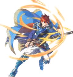 Rule 34 | 1boy, armor, blue eyes, cape, durandal (fire emblem), eliwood (fire emblem), fire, fire emblem, fire emblem: the blazing blade, fire emblem heroes, full body, highres, holding, holding weapon, male focus, miyuu, nintendo, official art, red hair, short hair, sword, transparent background, weapon, white background