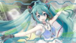 Rule 34 | 1girl, 39, aqua eyes, aqua hair, hatsune miku, headset, hood, hoodie, long hair, looking at viewer, outstretched arms, sleeveless, sleeveless hoodie, solo, spread arms, twintails, very long hair, vocaloid