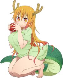 Rule 34 | 10s, 1girl, :p, absurdres, animal print, bare legs, barefoot, blonde hair, blush, bottomless, breasts, cup, dekodere, dragon girl, dragon horns, dragon tail, feet, fingernails, floral print, full body, gradient eyes, gradient hair, green shirt, hands up, highres, holding, holding cup, horns, inconvenient tail, kneeling, kobayashi-san chi no maidragon, large breasts, long hair, looking at viewer, mug, multicolored eyes, multicolored hair, nail polish, naked shirt, orange hair, pink nails, rabbit print, scales, shirt, short hair, slit pupils, smile, solo, t-shirt, tail, tiptoes, toes, tohru (maidragon), tongue, tongue out, transparent background, vector trace, very long hair, yellow eyes