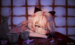 Rule 34 | 1girl, absurdres, arms on table, artist name, asil, black gloves, blonde hair, blush, bow, braid, breasts, chinese text, choker, closed mouth, cup, eyes visible through hair, floral print, flower, from side, girls&#039; frontline, gloves, hair between eyes, hair bow, hair ribbon, half gloves, head on table, highres, indoors, japanese clothes, long hair, looking at viewer, official alternate costume, ots-14 (flurry of petals) (girls&#039; frontline), ots-14 (girls&#039; frontline), petals, reflection, ribbon, smile, solo, table, tearing up, very long hair, wide sleeves, yellow eyes