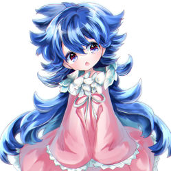 Rule 34 | 1girl, bad id, bad pixiv id, blue eyes, blue hair, chestnut mouth, dress, fuyusuke (hz+), hair between eyes, head tilt, highres, long hair, long sleeves, looking away, looking to the side, open mouth, original, pink dress, ribbon, simple background, sleeves past fingers, sleeves past wrists, solo, very long hair, white background, white ribbon, wide sleeves
