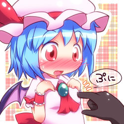 Rule 34 | 1girl, ayakashi (monkeypanch), bad id, bad pixiv id, bat wings, blue hair, blush, breast poke, fang, female focus, flat chest, poking, red eyes, remilia scarlet, solo focus, touhou, translation request, wings