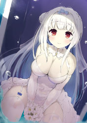 Rule 34 | 1girl, blush, bouquet, breasts, cleavage, dress, elbow gloves, flower, garter straps, gloves, hair bun, highres, large breasts, long hair, looking at viewer, ochinsama, original, pale skin, red eyes, single hair bun, smile, solo, thighhighs, white dress, white gloves, white hair, white thighhighs
