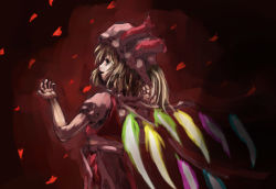 Rule 34 | 1girl, blonde hair, female focus, flandre scarlet, hat, mob cap, ponytail, puffy sleeves, red background, short hair, smile, solo, touhou, wings