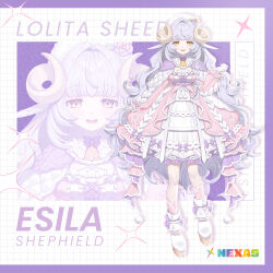 Rule 34 | 1girl, :d, bell, beret, blunt bangs, blush, boots, bow, breasts, capelet, character name, commentary, dress, english commentary, english text, esila shephield, flower, frilled dress, frills, full body, grid, hair intakes, hat, hat flower, layered dress, logo, long hair, lushuao, medium breasts, neck bell, nexas (vtuber agency), official art, open mouth, pink dress, pom pom (clothes), purple bow, purple hair, sheep girl, sidelocks, smile, standing, teeth, tongue, very long hair, virtual youtuber, wavy hair, white capelet, white footwear, white hat, yellow eyes