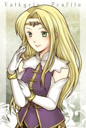 Rule 34 | 1girl, blonde hair, breasts, circlet, closed mouth, crystal earth, elbow gloves, gloves, green eyes, highres, jewelry, long hair, medium breasts, mystina (valkyrie profile), smile, solo, valkyrie profile (series)