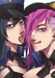 Rule 34 | 2girls, :q, alternate costume, blue eyes, breasts, caitlyn (league of legends), cleavage, close-up, exaxuxer, hat, highres, large breasts, league of legends, multiple girls, officer caitlyn, officer vi, pink hair, police, police hat, police uniform, policewoman, purple eyes, tonfa, tongue, tongue out, uniform, vi (league of legends), weapon