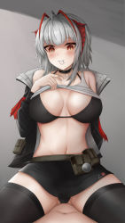Rule 34 | 1girl, absurdres, antenna hair, arknights, bad id, bad pixiv id, bare shoulders, black bra, black choker, black jacket, black panties, black skirt, black thighhighs, blush, bra, breasts, choker, clothes lift, collarbone, cowgirl position, girl on top, grey background, grey hair, grey shirt, hetero, highres, horns, jacket, large breasts, lifting own clothes, long sleeves, miniskirt, mouth hold, multicolored hair, namikare, navel, open clothes, open jacket, panties, pantyshot, parted lips, pouch, red eyes, red hair, shirt, shirt lift, short hair, simple background, skirt, slit pupils, smile, spread legs, stomach, straddling, thighhighs, two-tone hair, underwear, upskirt, w (arknights)