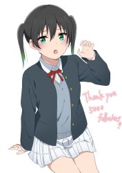 Rule 34 | !, !!, 1girl, absurdres, arm up, black hair, claw pose, commentary request, from above, gradient hair, green eyes, hair between eyes, hand on floor, highres, ikesho0612, light blush, looking to the side, love live!, love live! nijigasaki high school idol club, medium hair, multicolored hair, nijigasaki school uniform, open mouth, school uniform, sitting, takasaki yu, thank you, twintails, two-tone hair, white background