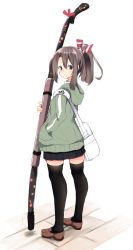 Rule 34 | 1girl, absurdres, alternate costume, black skirt, black thighhighs, bow (weapon), brown eyes, brown footwear, brown hair, commentary request, from behind, full body, green jacket, hair ribbon, hand in pocket, high ponytail, highres, hood, hooded jacket, hoodie, jacket, kantai collection, light brown hair, loafers, long hair, looking at viewer, looking back, pleated skirt, ribbon, shoes, simple background, skirt, solo, standing, thighhighs, weapon, white background, yumi (bow), zarashi, zuihou (kancolle)