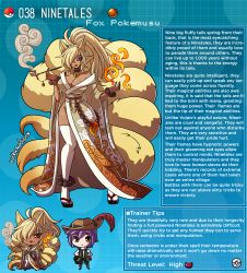 Rule 34 | 1boy, 1girl, animal ears, artist name, beads, bell, blonde hair, breasts, character profile, collar, commentary, creatures (company), dark-skinned female, dark skin, english commentary, english text, fox ears, fox tail, game freak, gen 1 pokemon, geta, hat, highres, hitodama, japanese clothes, kimono, kinkymation, kitsune, large breasts, lipstick, magatama, makeup, monster girl, neck bell, ninetales, nintendo, obi, okobo, one eye covered, personification, poke ball, poke ball (basic), pokemon, prayer beads, purple hair, red eyes, red lips, sandals, sash, smoke, smoking pipe, tail, thighhighs, white thighhighs