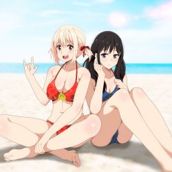 Rule 34 | 2girls, :d, \n/, alternate eye color, beach, bikini, black hair, blonde hair, blue bikini, blue sky, breasts, cleavage, cloud, crossed ankles, grey eyes, highres, inoue takina, large breasts, legs, long hair, low twintails, lycoris recoil, multiple girls, nishikigi chisato, open mouth, outdoors, red bikini, red eyes, sbel02, short hair, short twintails, sitting, sky, small breasts, smile, swimsuit, thighs, twintails