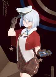 Rule 34 | 1girl, azur lane, black gloves, black shorts, blue eyes, blush, capelet, christmas, cross, cross earrings, earrings, fur trim, gift, gloves, hair between eyes, hat, highres, holding, holding gift, incoming gift, jewelry, looking at viewer, military, military uniform, peaked cap, red capelet, short hair, shorts, solo, star (symbol), tirpitz (azur lane), uniform, white hair, yueguang zhanglang
