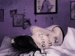 Rule 34 | 1girl, bed, black hair, black panties, body writing, carrying, cyril rolando, english text, fetal position, foreshortening, goth fashion, hand on own head, heart, kiss, lying, original, panties, panties only, photo (object), pillow, purple theme, realistic, sad, shoulder carry, sleeping, solo, topless, underwear, underwear only