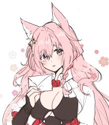Rule 34 | 1girl, 5rwpvc, animal ear fluff, animal ears, arknights, black vest, braid, breasts, detached sleeves, flower, highres, holding, holding letter, large breasts, letter, long hair, looking at viewer, parted lips, pink eyes, pink hair, pozyomka (arknights), red flower, red skirt, shirt, simple background, skirt, solo, very long hair, vest, white background, white shirt, wolf ears