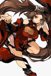Rule 34 | 1girl, bare legs, bare shoulders, breasts, brown eyes, brown hair, china dress, chinese clothes, detached sleeves, dress, fighting stance, found modori, guilty gear, guilty gear xrd, hair ornament, hairclip, highres, kuradoberi jam, large breasts, leg up, long hair, pelvic curtain, skirt, smile, solo, thigh strap, wide sleeves
