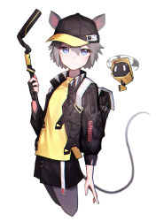 Rule 34 | 1girl, absurdres, animal ears, arknights, baseball cap, beudelb, black jacket, click (arknights), closed mouth, fingerless gloves, gloves, grey eyes, grey hair, hat, highres, jacket, mouse ears, mouse girl, mouse tail, pantyhose, shirt, short hair, simple background, single fingerless glove, solo, staff, tail, yellow shirt