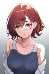 Rule 34 | 1girl, absurdres, brown hair, collarbone, gradient background, grey background, hair ornament, hairclip, highres, higuchi madoka, idolmaster, idolmaster shiny colors, looking at viewer, parted lips, school swimsuit, shirt, short hair, simple background, solo, sweat, swept bangs, swimsuit, t.r, upper body, white background, white shirt