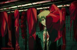Rule 34 | 1boy, artist name, black jacket, black necktie, blonde hair, blood, blood on clothes, blood on face, braid, braided ponytail, chainsaw man, claireiosity, collared shirt, dark, denji (chainsaw man), exposed muscle, formal, highres, intestines, jacket, looking at viewer, makima (chainsaw man), necktie, one eye covered, raw meat, red eyes, red hair, red theme, severed arm, severed head, severed leg, severed limb, shirt, short hair, skinned, solo, suit, suit jacket, white shirt
