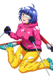 Rule 34 | 00s, 1girl, black gloves, blue hair, eyepatch, gloves, green eyes, ikkitousen, kneeling, long hair, looking at viewer, medical eyepatch, mole, mole under eye, mole under mouth, open mouth, ryomou shimei, short hair, sky, snow, solo, white background
