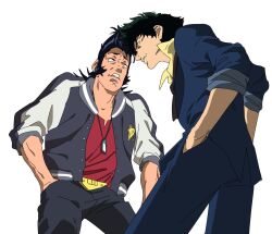 Rule 34 | 2boys, anger vein, angry, belt, black hair, clenched teeth, cowboy bebop, creator connection, crossover, dandy (space dandy), eye contact, hands in pockets, jacket, jinou rakugaki, letterman jacket, long sideburns, looking at another, male focus, multiple boys, pompadour, scar, sideburns, simple background, space dandy, spike spiegel, teeth, white background