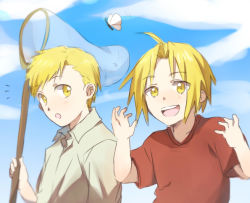 Rule 34 | 2boys, :d, :o, ^^^, alphonse elric, blonde hair, blush, brothers, bug, butterfly, butterfly net, child, cloud, day, edward elric, flying, fullmetal alchemist, hand net, happy, insect, looking at another, looking at viewer, male focus, multiple boys, open mouth, red shirt, riru, shirt, short hair, siblings, sky, smile, surprised, white shirt, yellow eyes