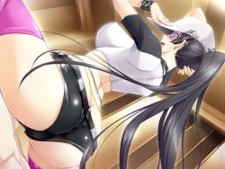 Rule 34 | 1girl, ass, baseball cap, black hair, breasts, censored, chain belt, collar, dutch angle, earrings, from behind, game cg, hat, impossible clothes, impossible shirt, jewelry, large breasts, long hair, lots of jewelry, midriff, mosaic censoring, open mouth, pink thighhighs, ponytail, ribahara aki, shirt, short shorts, shorts, solo focus, straddling, sunglasses, t-shirt, thighhighs, touka (touka chiru), touka chiru, very long hair