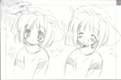 Rule 34 | 1girl, ^ ^, ang, blush, character name, closed eyes, flower, greyscale, hair flower, hair ornament, lily of the valley, long sleeves, monochrome, multiple views, open mouth, short hair, simple background, smile, striped, striped sleeves, suigetsu, upper body, white background, yamato suzuran