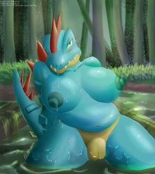 Rule 34 | 1girl, 2021, blush, breasts, brown eyes, collarbone, creatures (company), dated, fat, feraligatr, furry, furry female, game freak, gen 2 pokemon, grass, highres, large breasts, looking at viewer, navel, nintendo, nipples, nude, outdoors, partially submerged, pokemon, pokemon (creature), presenting pussy, pussy, reptile girl, signature, sitting, spread legs, swamp, teeth, tiquitoc, tree, water, water drop, watermark, web address