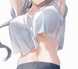 Rule 34 | 1girl, armpit peek, arms up, bouncing breasts, breasts, grey hair, head out of frame, highres, large breasts, long hair, midriff, navel, no bra, original, shirt, simple background, sinomi, skindentation, solo, stomach, underboob, upper body, white background, white shirt